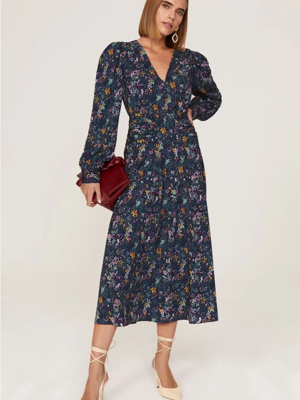 Derek Lam Navy Floral V-Neck Long Sleeve Midi Dress size IT 38 US 2